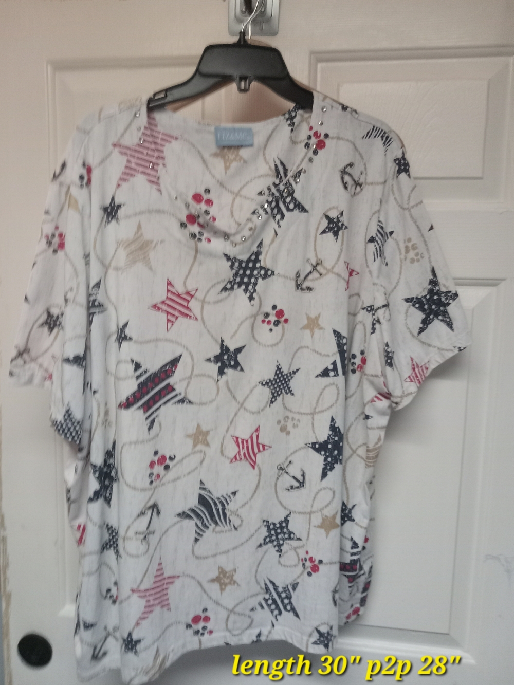 Liz & Me Patriotic White Short Sleeve Top with Tan Stars and Red Accents